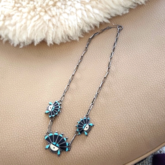 Stunning Native American Zuni Inlaid Headdress Vintage Turquoise Necklace 💙🖤🎁 - Picture 10 of 14